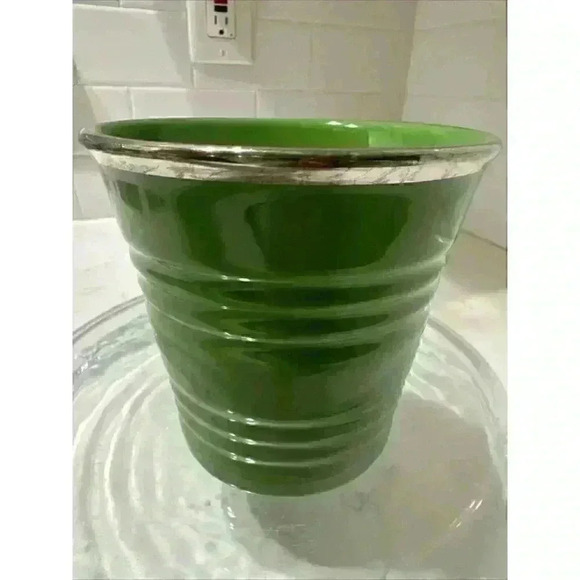 Starbucks Mug 14oz Green Ribbed Sand Pail Bucket 2007 Silver Metallic Rim Cup - Picture 6 of 12